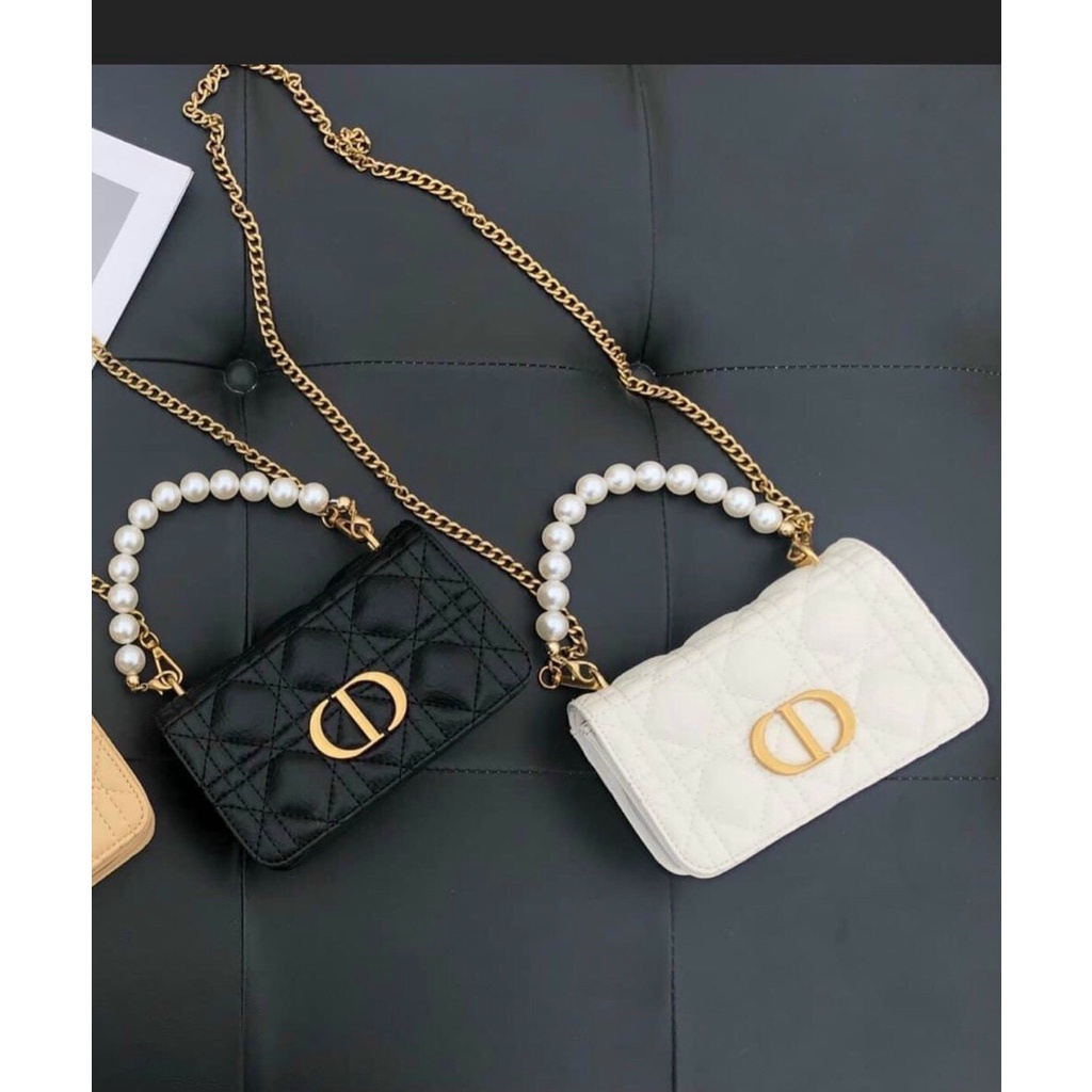 Túi xách nữ Dior đeo chéo kẹp nách dây ngọc kèm dây xích đen da mềm size mini