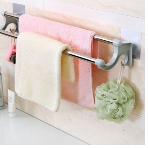 Giá treo khăn nhà tắm 2 thanh inox dán tường - Kệ vắt khăn nhà bếp