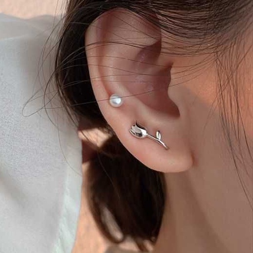 Hoa tai mạ bạc S925 - Khuyên tai Tulip vừa kẹp vành vừa xỏ lỗ cá tính, sang trọng Zaza accessories ZHT0081