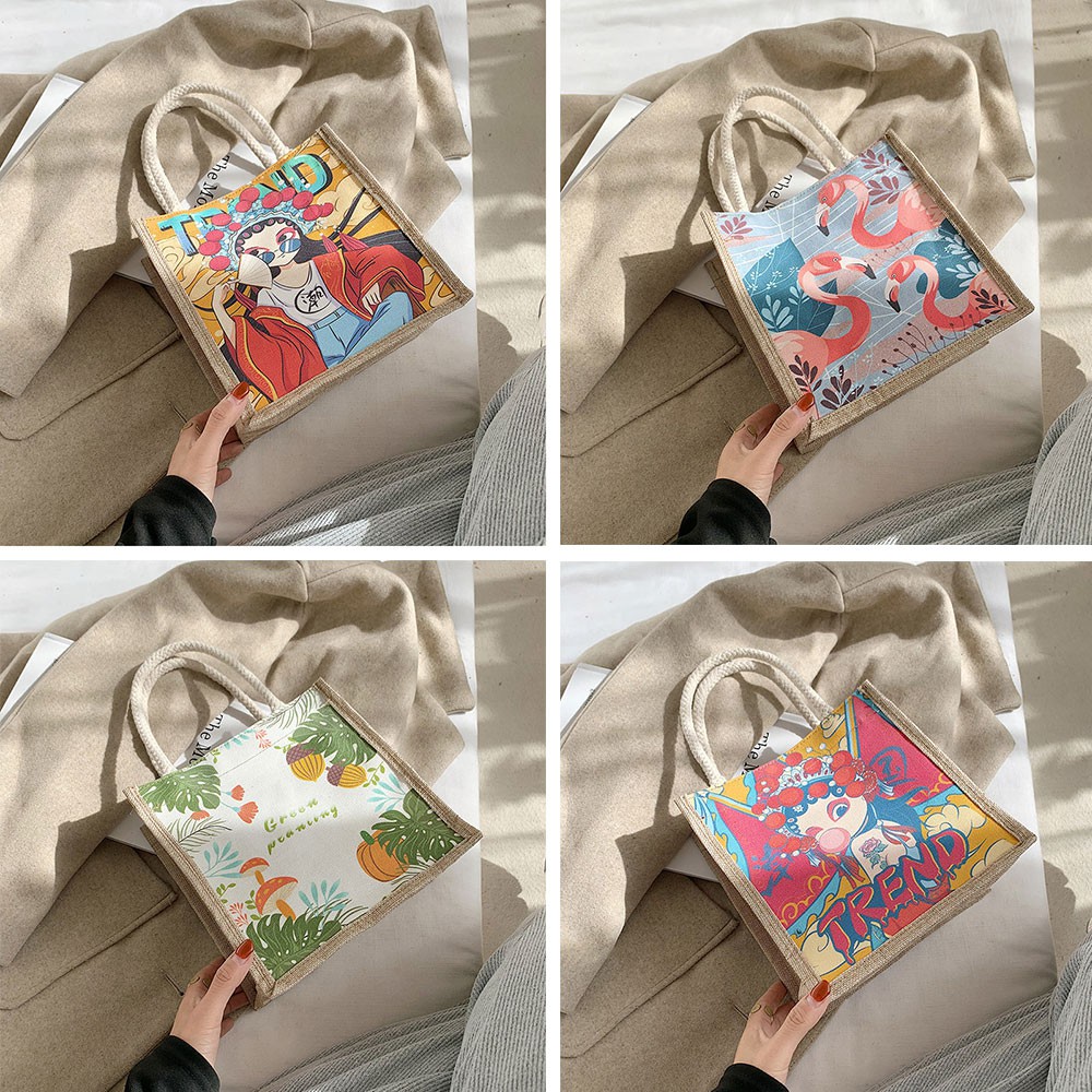 Túi Vải Kiểu Cói Retro Dáng Vuông Hình Art