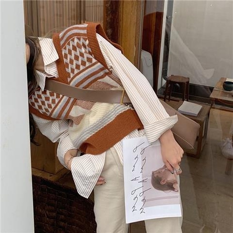 Bộ Áo Sơ Mi Tay Dài Kẻ Sọc Giả Nhiều Lớp + Áo Len Không Tay Thời Trang Mùa Thu Hàn Quốc Cho Nữ