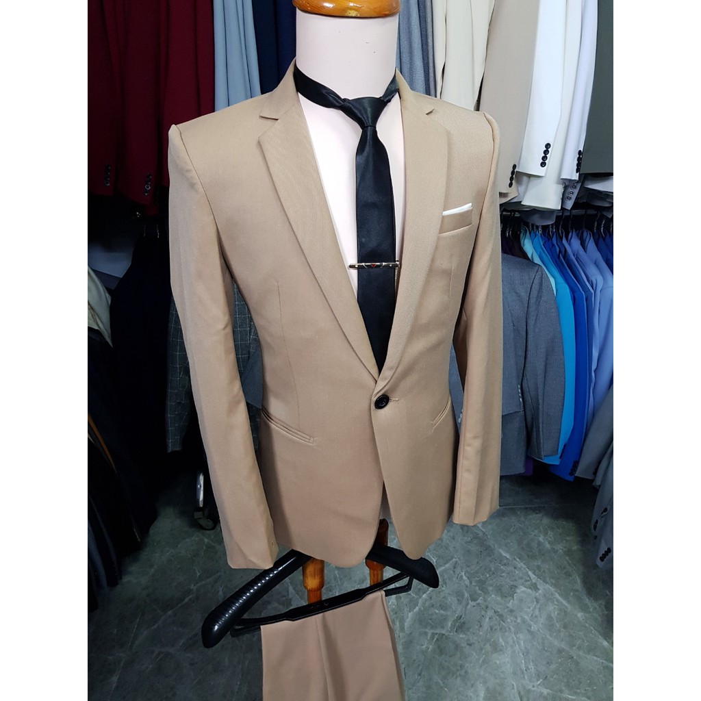 Bộ vest nam form ôm body 1 nút màu cà phê