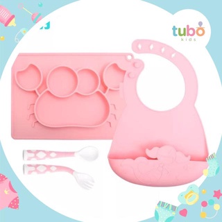 Set khay ăn dặm chống đổ và yếm máng silicone cho bé