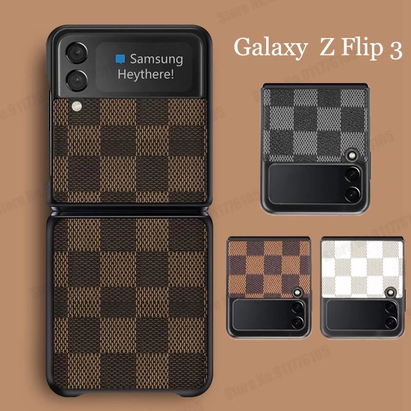 Ốp điện thoại da PU cứng chống sốc họa tiết kẻ ô siêu mỏng cao cấp dành cho Samsung Galaxy Z Flip 3 5G Z Fold 3