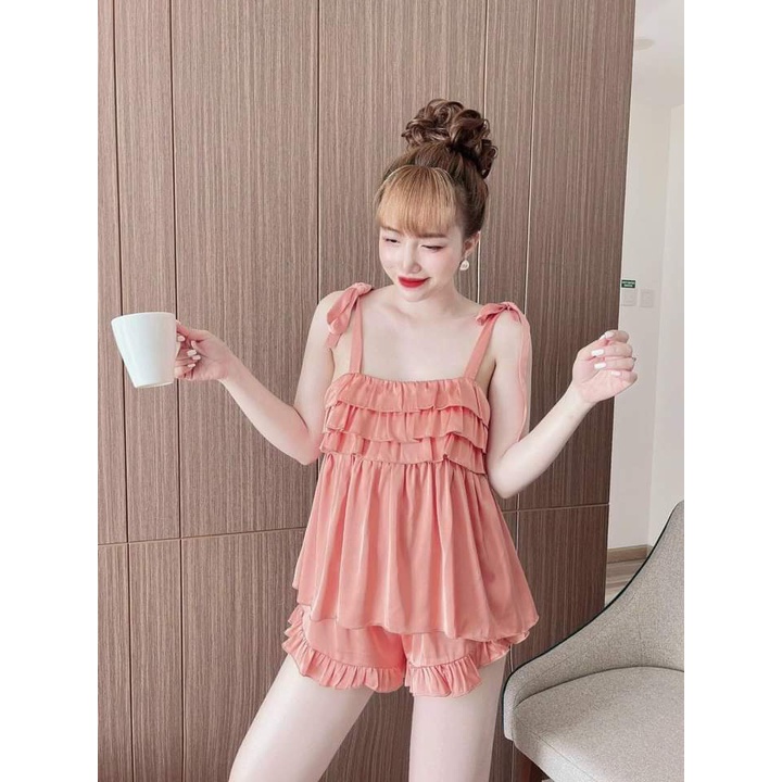 🎀🎀Đồ ngủ nữ cột dây🎀🎀Sét đồ ngủ lụa satin họa tiết 2 dây cao cấp