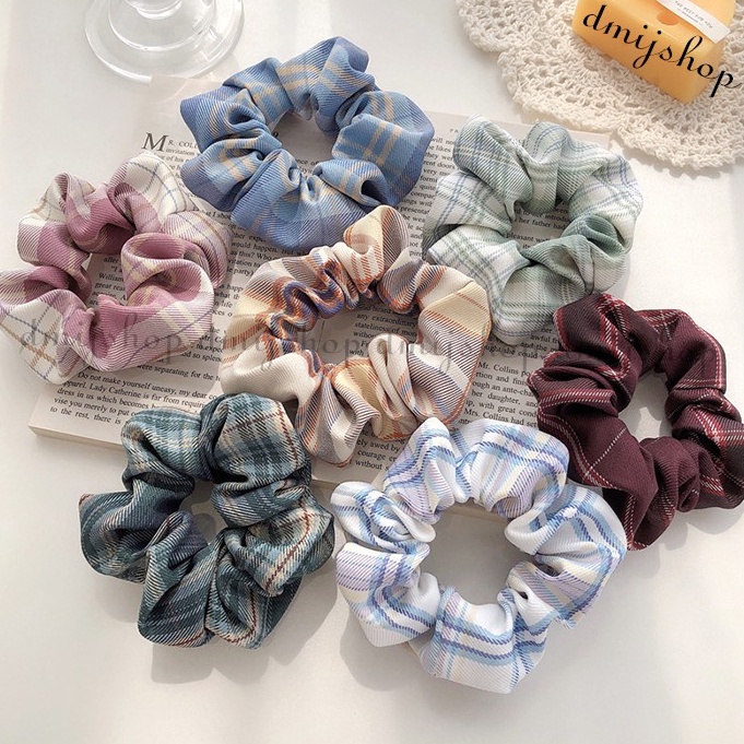 Dây buộc tóc, Cột tóc Scrunchies Co Giãn Họa Tiết Vải Caro Thời Trang Cho Nữ