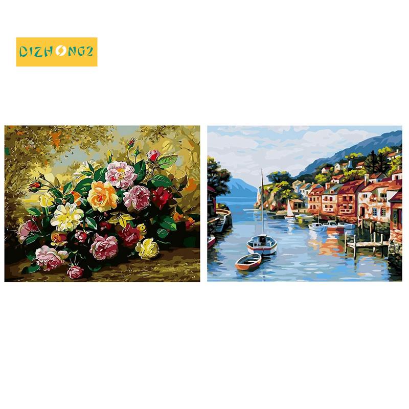 Set 2 bộ tranh tự tô màu theo số bằng vải bố kèm bút vẽ hình ảnh con thuyền và hoa Williams dành cho người lớn