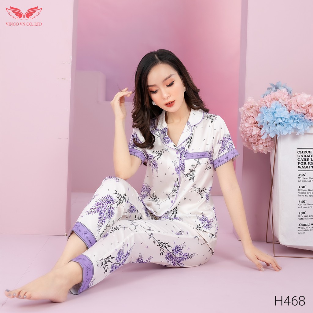 Đồ Bộ Ngủ Nữ Pijama Mặc Nhà VINGO Lụa Pháp Cao Cấp Tay Cộc Quần Dài Họa Tiết Hoa Lavender Tím Tinh Tế Nhã Nhặn H468 VNGO