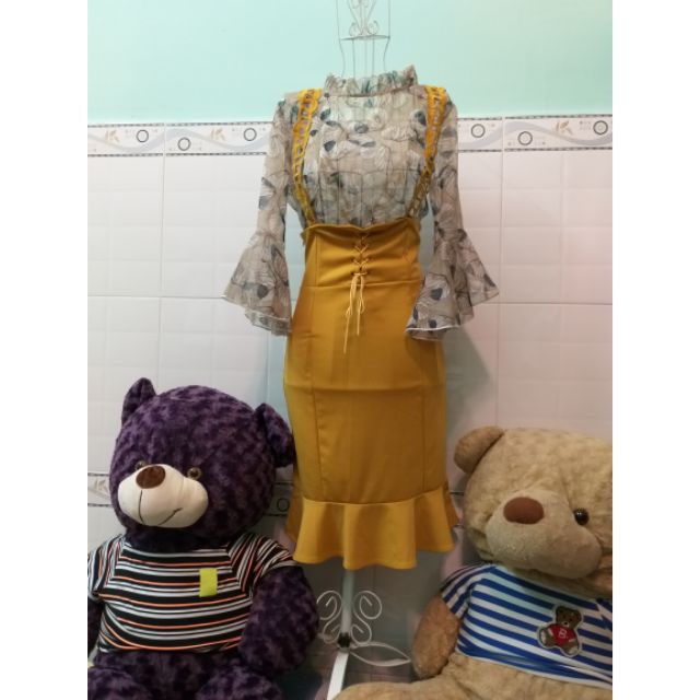 Thanh lí Shop-set áo loe chân váy đuôi cá dây gài nút có thể tháo rời