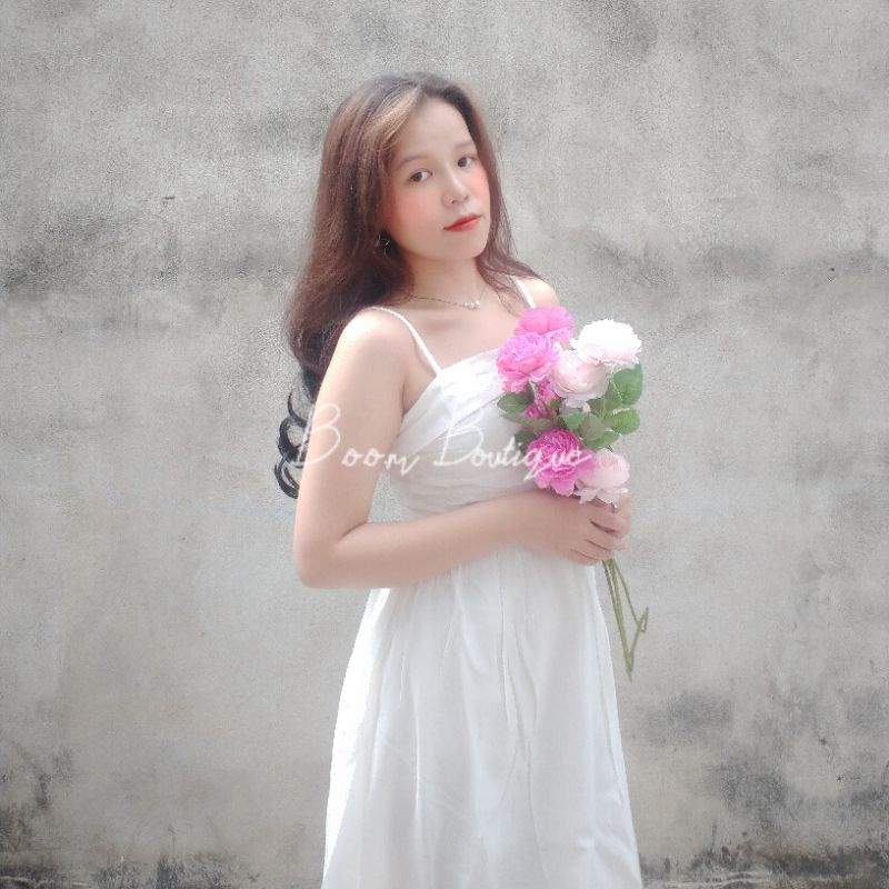 VÁY MIDI 2 DÂY TRẮNG XẾP LY NGỰC  B.O.O.M