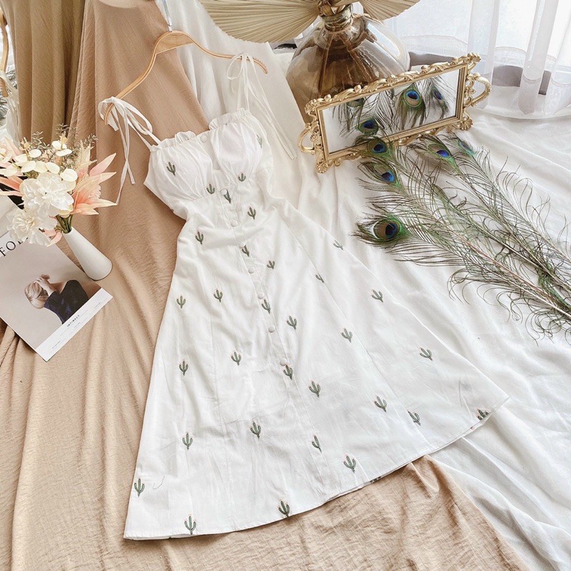 Đầm thêu xương rồng trắng cổ V, đầm trễ vai, đầm 2 dây midi xoè (thêm đen, vàng) | BigBuy360 - bigbuy360.vn