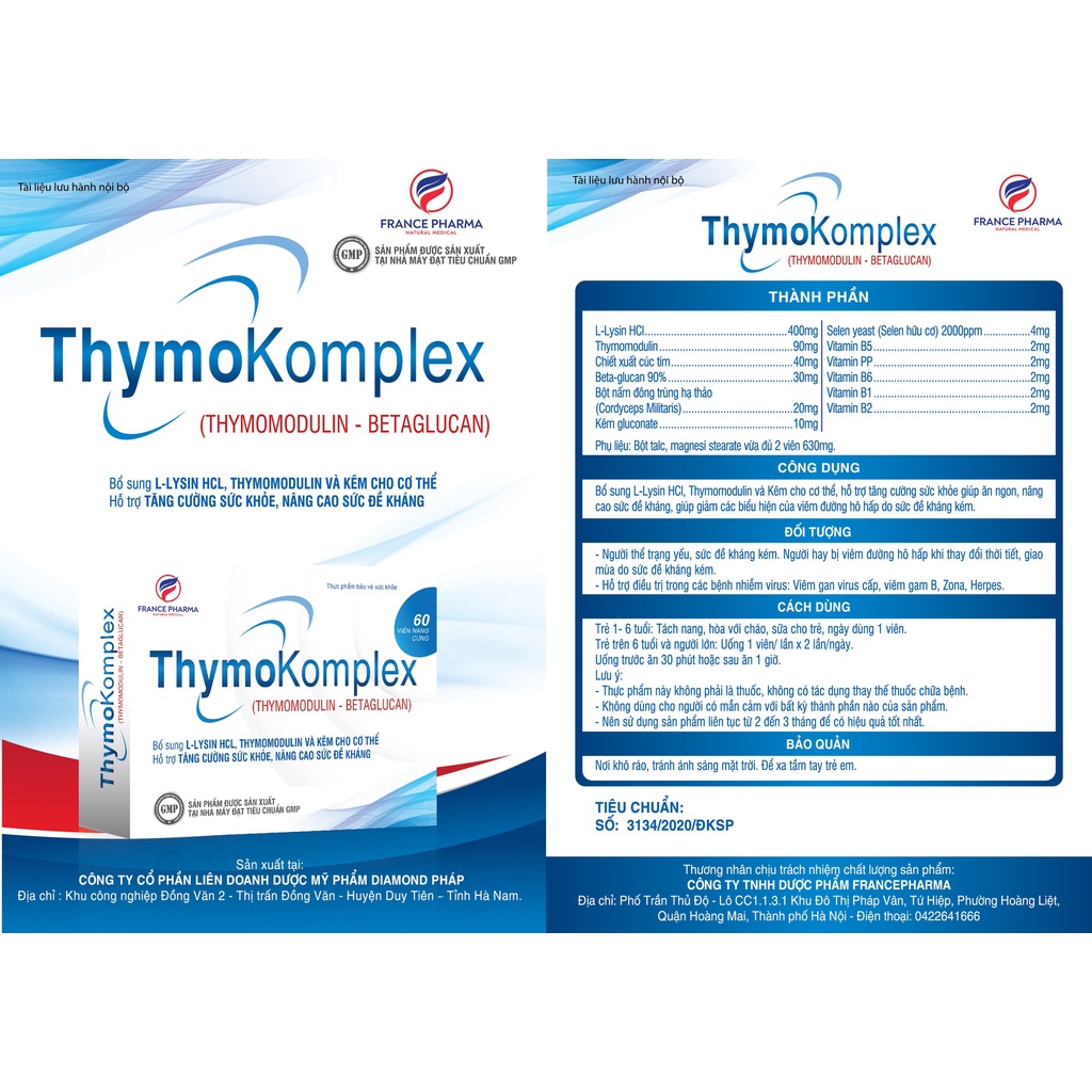 Tăng sức đề kháng -Thymokomplex, betaglucan,thymomodulin, phòng viêm đường hô hấp do virut gây ra - Hộp 60 viên