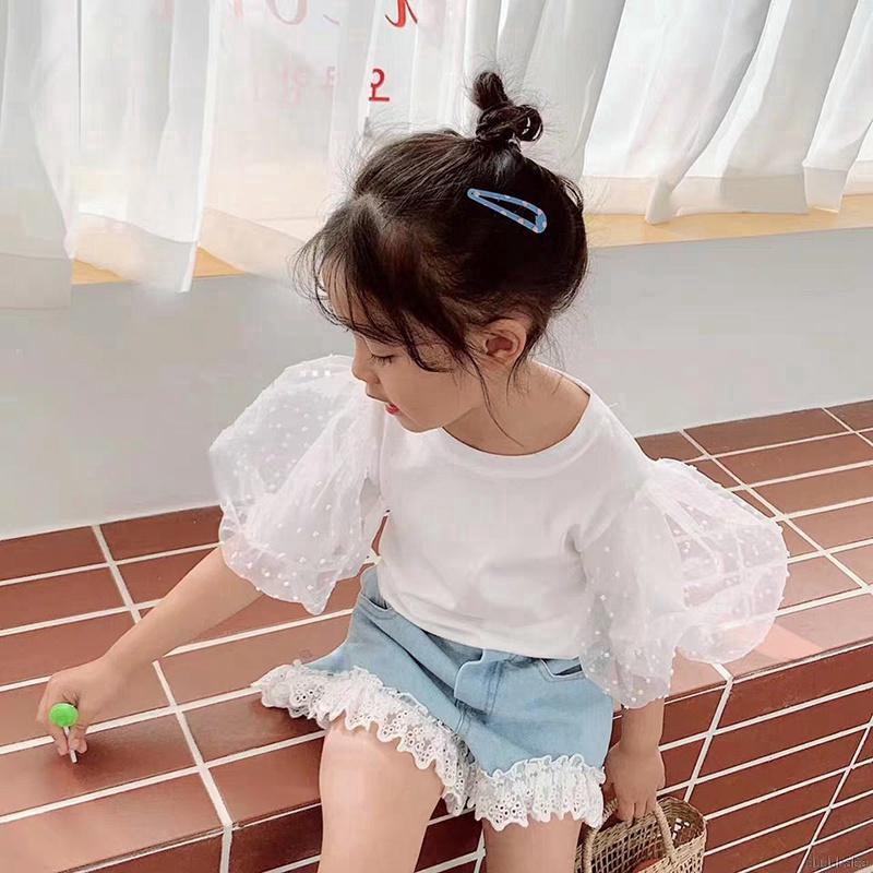 Set Áo Kiểu Tay Phồng Phối Ren Và Quần Short Denim Cho Bé Gái