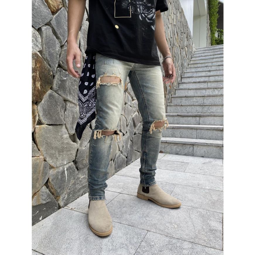 Quần Jean nam rách, quần bò nam đẹp, form ôm Vừa, chất jean Co Giãn Thoải Mái, màu wash bụi bậm ❕