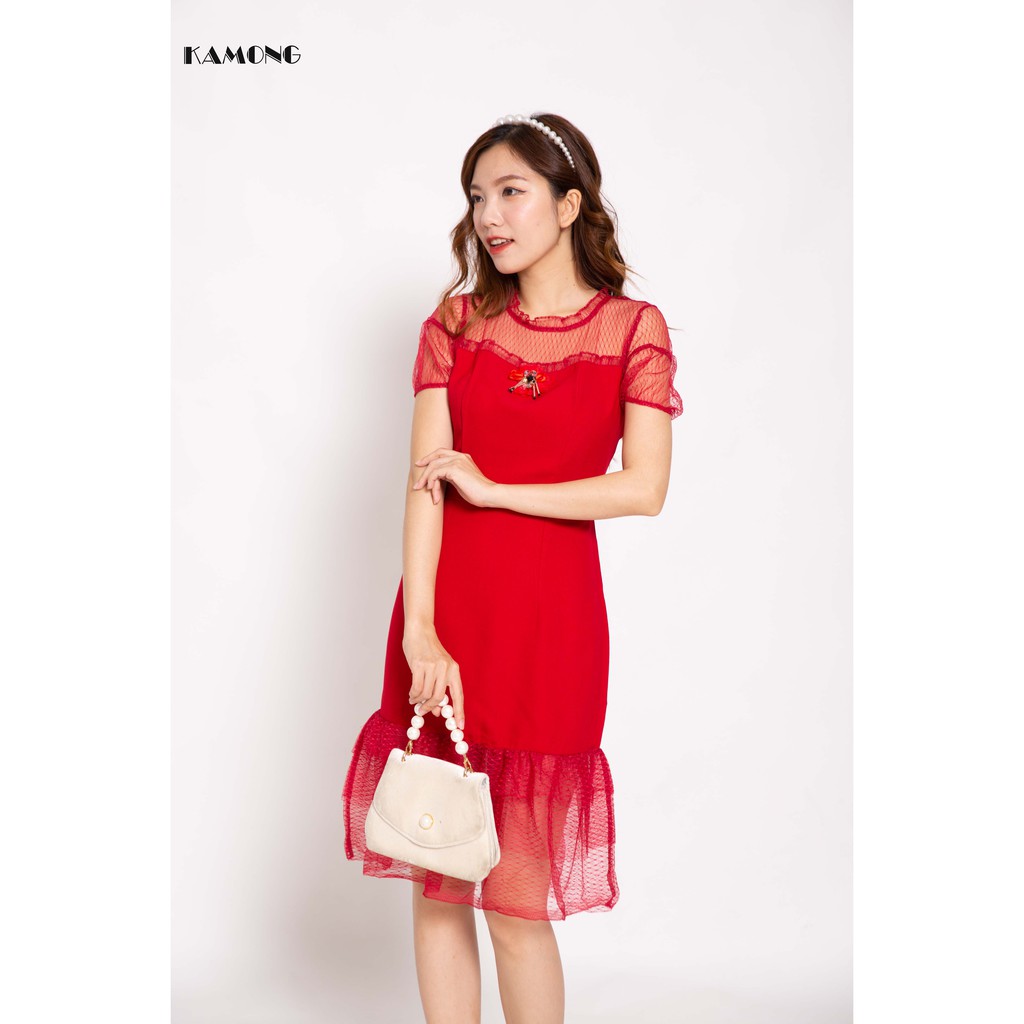 Đầm phối đô ren đính hoa KAMONG D020