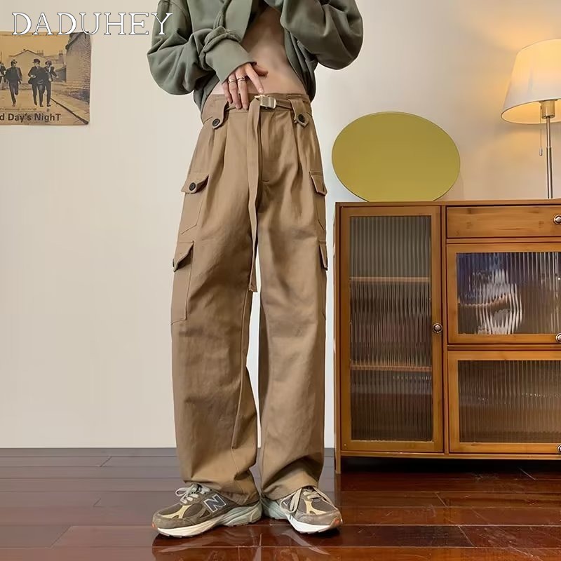 DaDuHey American Retro Autumn Multi-Pocket Elastic Waist Overalls Men and Women Oversize Baggy Straight Pants