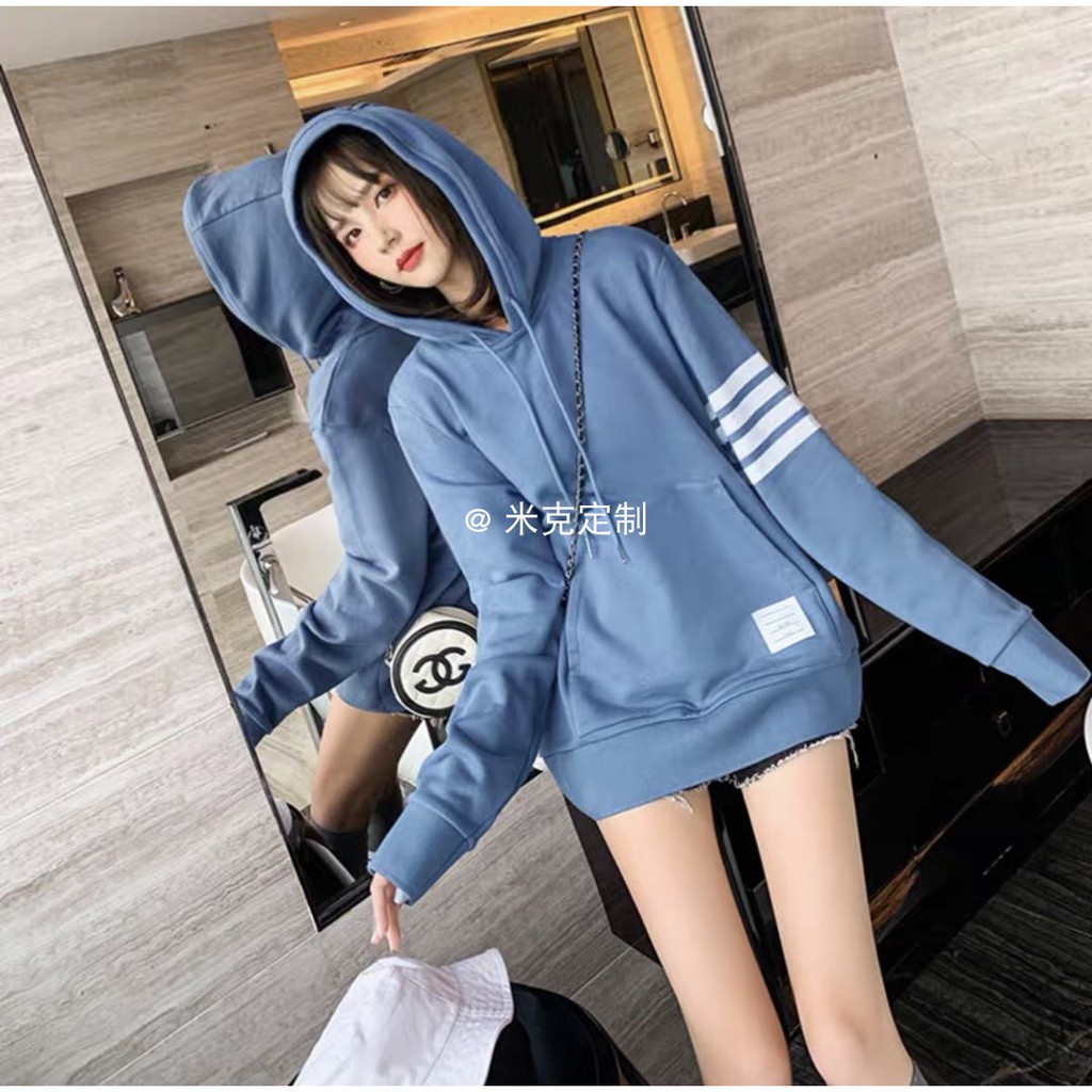 Áo Hoodie Cotton Tay Dài Dáng Rộng Kẻ Sọc Ngang Trẻ Trung Năng Động Cho Bạn Gái