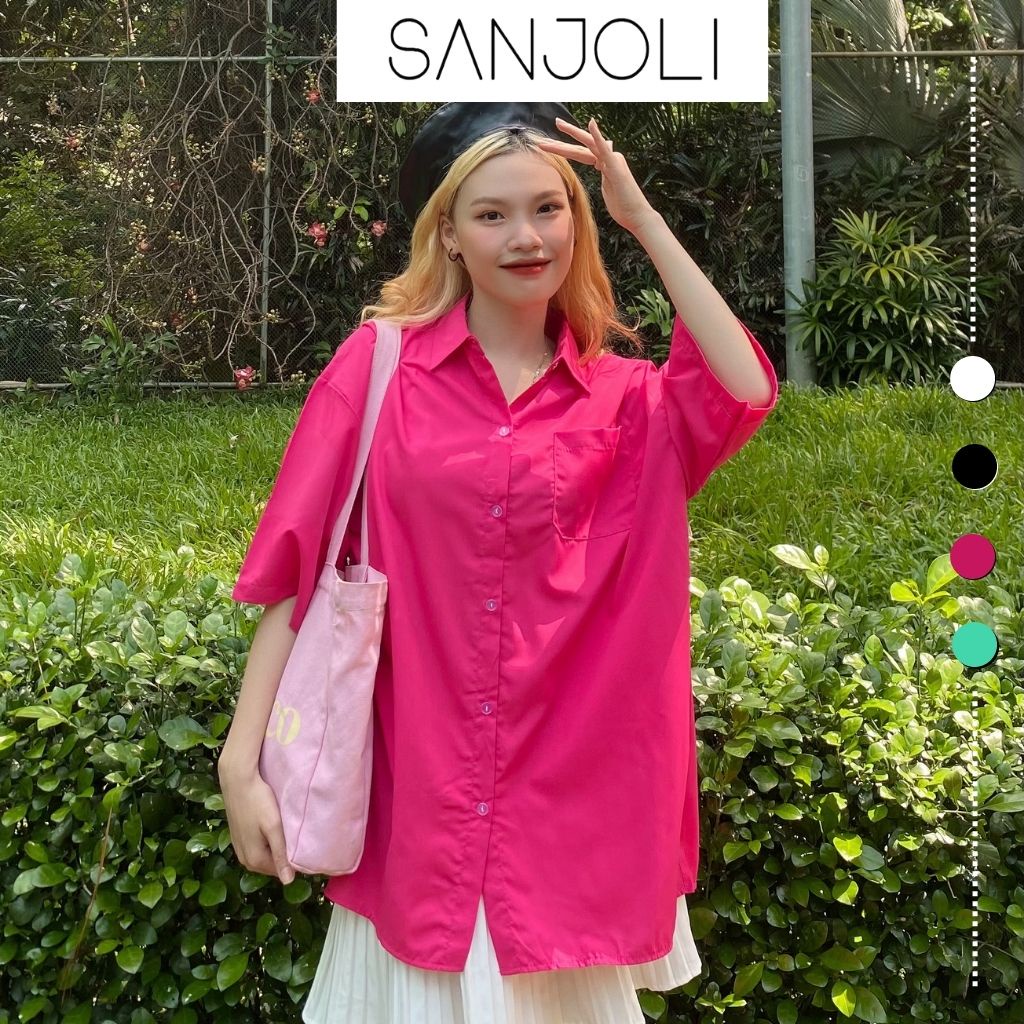 Áo sơ mi nữ tay ngắn Sanjoli kiểu oversize form rộng chất cotton thiết kế Hàn Quốc màu trend AO017