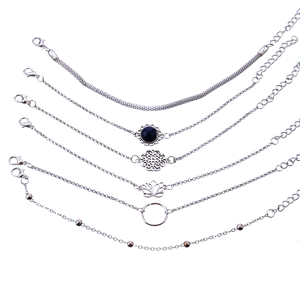 Set 6 vòng tay nhiều lớp mặt hình tròn/hoa sen kết hạt đính đá khoét rỗng thời trang dành cho nữ