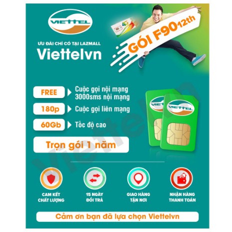 {Trọn Gói 1 Năm} Sim 4G Viettel 12 F90 Miễn Phí Nghe Gọi Nội Mạng Tặng 5GB/Tháng