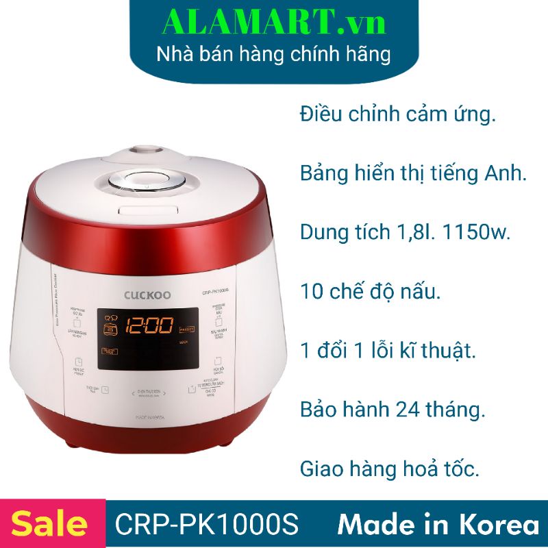 Nồi cơm Áp suất Điện tử 1,8 lít Cuckoo CRPPK1000S nhập khẩu Hàn Quốc