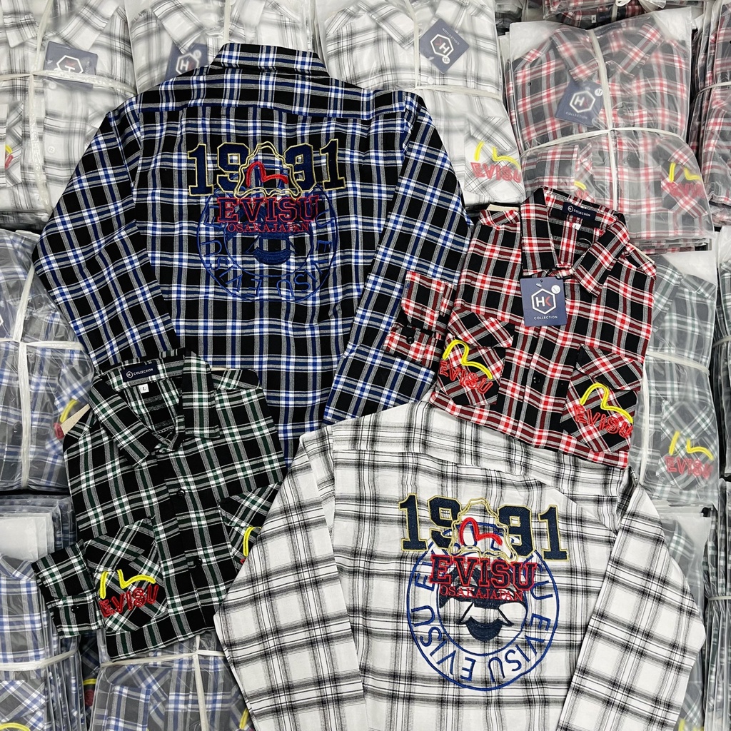 Áo Sơ Mi EVISU Caro Thêu Lưng Vải Nỉ Caro Cao Cấp Kiểu Tay Dài Phong Cách Độc Lạ Thời Trang Hot Trend Mới