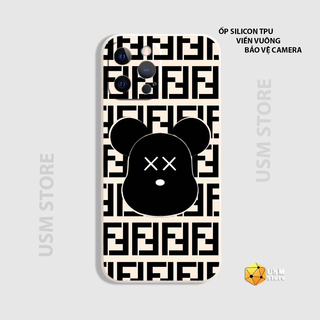 Ốp lưng iphone 11/11Pro/11Promax/12/12Mini/12 Pro/12 Promax/13/13 Pro/13 Promax/13Mini viền đen, in hình gấu Bearbrick
