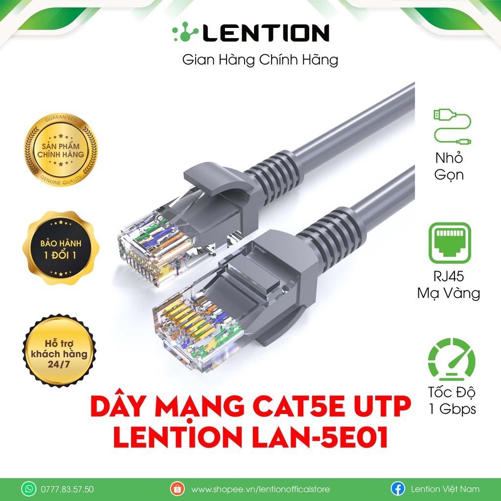 Cáp Mạng UTP CAT5E Đúc Sẵn 2 đầu LENTION LAN-5E01 Dài 1M 2M 3M -Hàng Chính Hãng