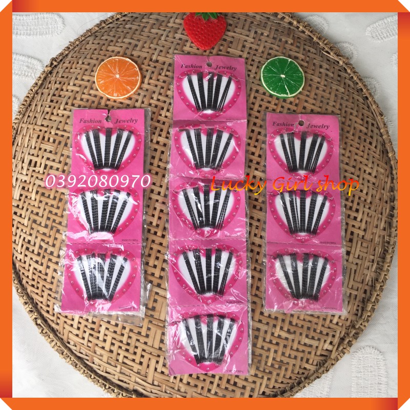 Kẹp Tăm Đen Dài 4cm - Vỉ Trái Tim Hồng 18 Chiếc - Lucky Girl shop