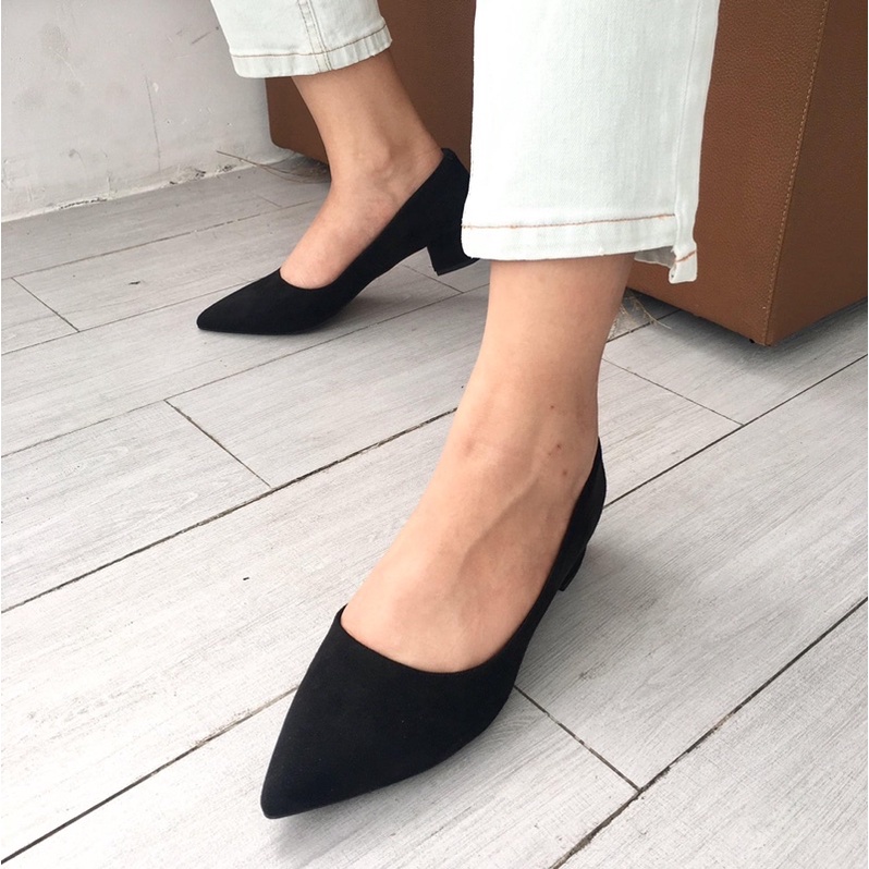 Giày cao gót 3 phân gót vuông mũi nhọn Annmodels chất liệu xi lộn kiểu dáng thời trang -A03-4XL