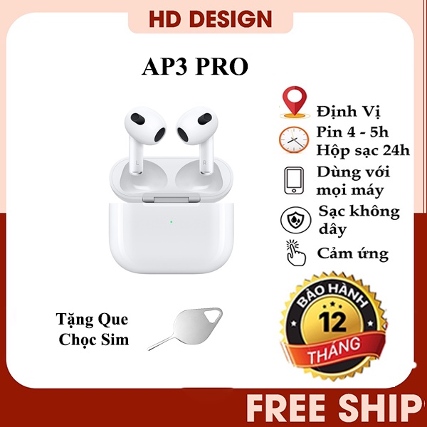 Tai Nghe Bluetooth Không Dây AP3 Pro - Âm Thanh Vòm - Định Vị -Đổi Tên -Sạc Không Dây -Cảm Biến -Kháng Nước IPX4