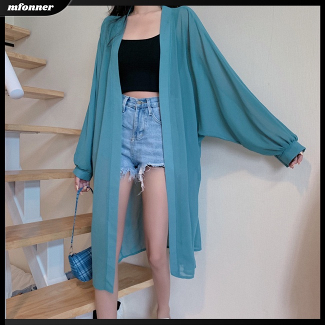 Áo Khoác Cardigan Chiffon Tay Phồng Dài Qua Gối Màu Sắc Trơn Thoáng Khí Thời Trang Đi Biển Cho Nữ