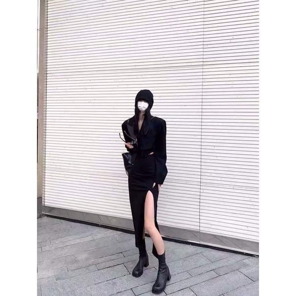 Chân Váy Bút Chì  Đen Cạp Cao Dáng Dài Phong Cách Dark Wear Tabao.