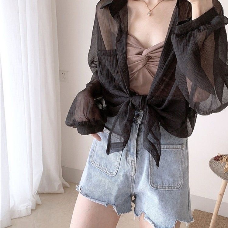 Áo Sơ Mi Voan Mỏng Xuyên Thấu Tay Dài Chống Nắng Phong Cách Mùa Hè Mới Cho Nữ