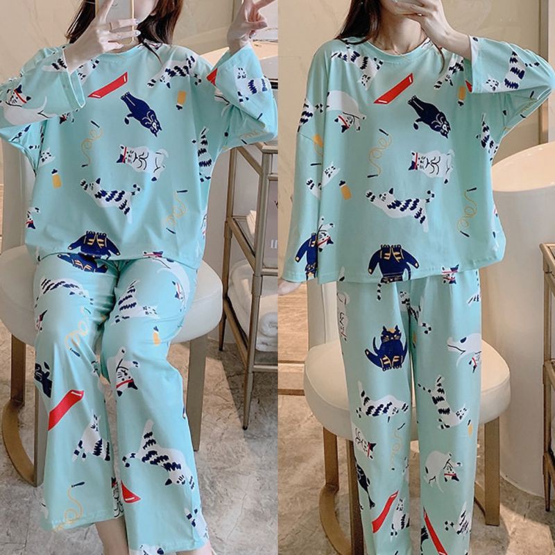 Ladies Casual Loose Cute Cotton Cartoon Print Long Sleeve 2-Piece Set