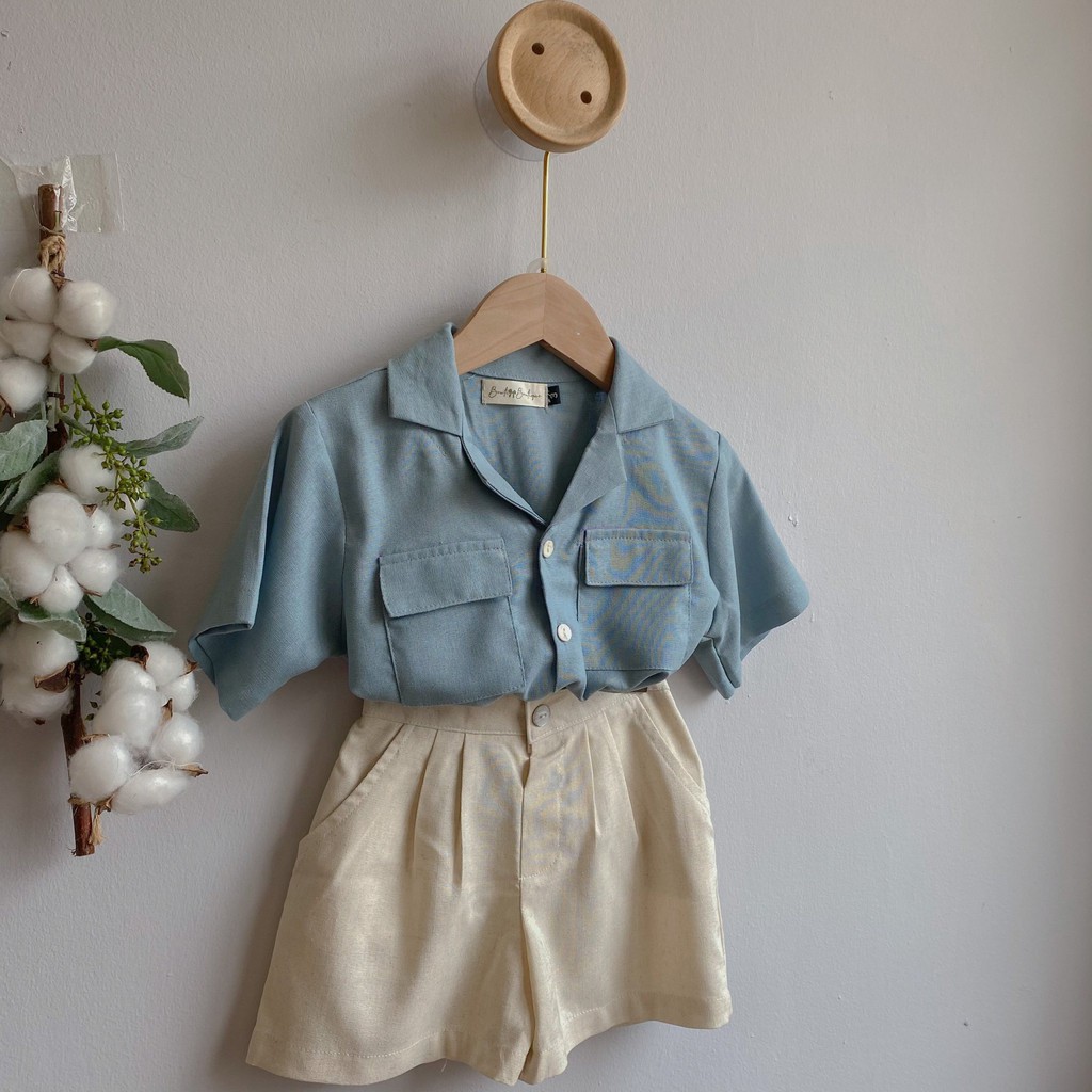 Set linen Áo tay ngắn xanh gài nút / Quần kem