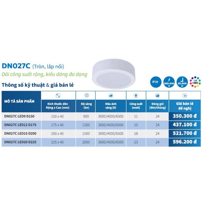 Đèn Downlight gắn nổi LED Philips DN027C LED 11W -15w-18w-23w tròn