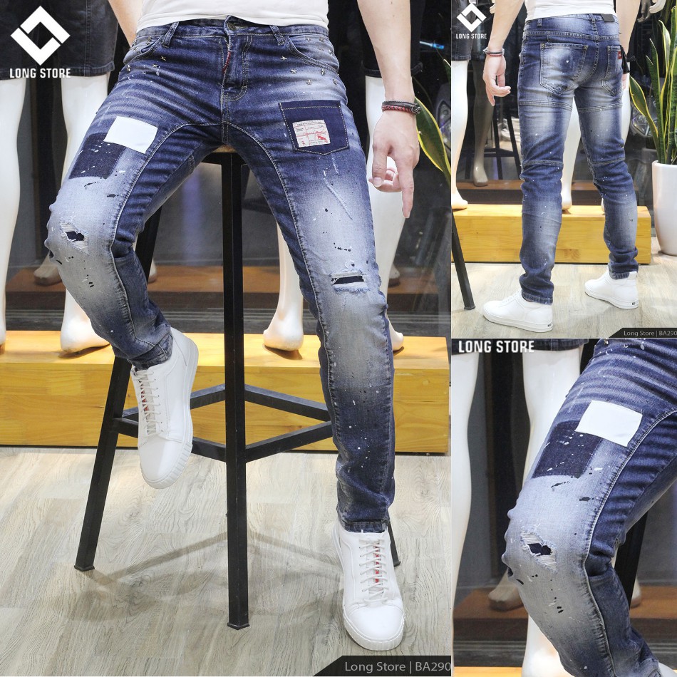 Quần jean nam rách màu xanh bạc ✅FREESHIP✅ Quần bò nam SUPER dáng ôm SLIMFIT skinny co giãn cao cấp - BA290