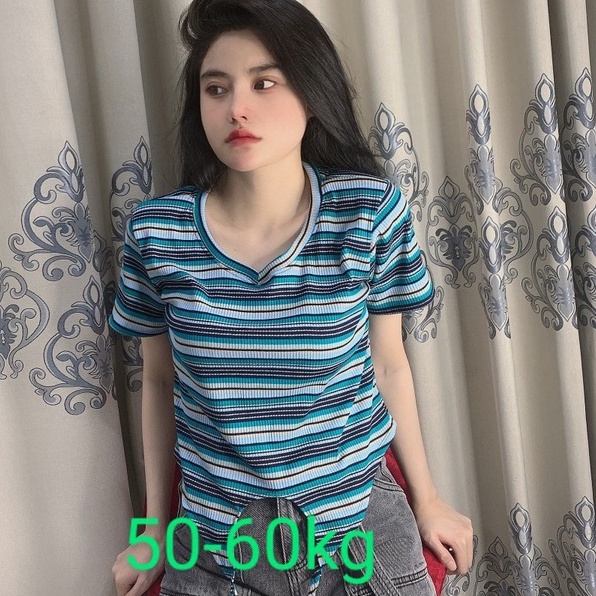 Áo croptop sọc cổ tim cổ tròn có khuy ngắn tay nữ mặc đi chơi đi học đi làm