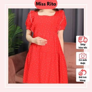 Đầm bầu dáng babydoll chấm bi trắng nền đỏ camcổ vuông bèo 2 bên tay bồng thiết kế bởi Miss Rita