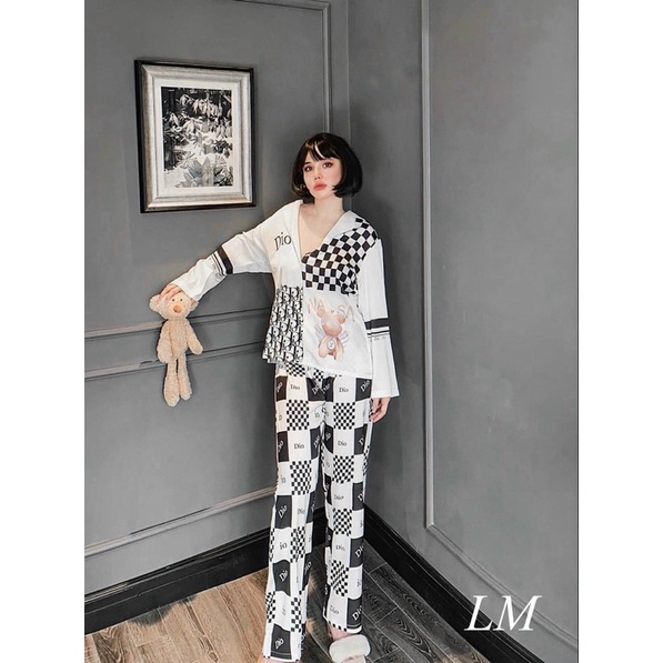Pijama lụa cao cấp hoạ tiết caro gấu