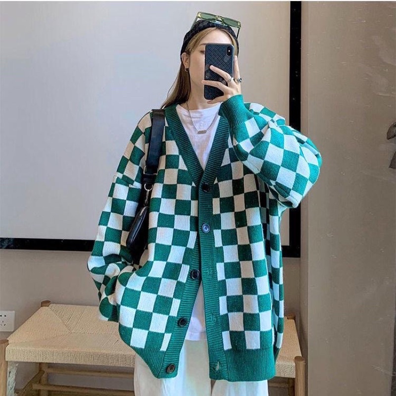 SẴN ĐEN🍂Áo Cardigan Len Rộng Hoạ Tiết Caro Siêu Dày Dặn 🏁Ảnh thật shop chụp ở cuối