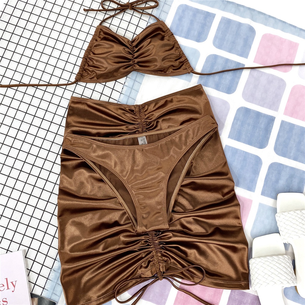 Bộ đồ bơi bikini Âu Mỹ 3 mảnh màu nâu da bóng siêu sexy kèm váy ôm body hàng cao cấp