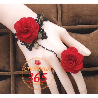 Vòng tay liền nhẫn choker vải ren đen hoa hồng đỏ phong cách mẫu mới hot CKV74
