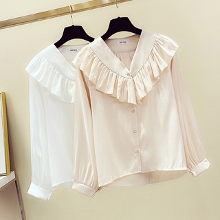 Áo sơ mi chiffon cổ v tay dài màu trơn thời trang mùa thu mới cho nữ