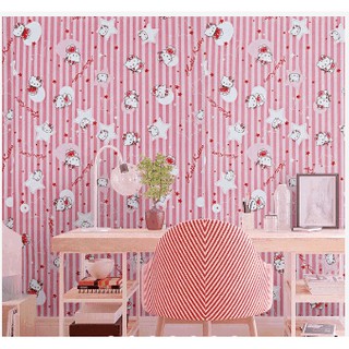 1 mét giấy dán tường kitty sọc hồng - khổ rộng 45cm có keo sẵn