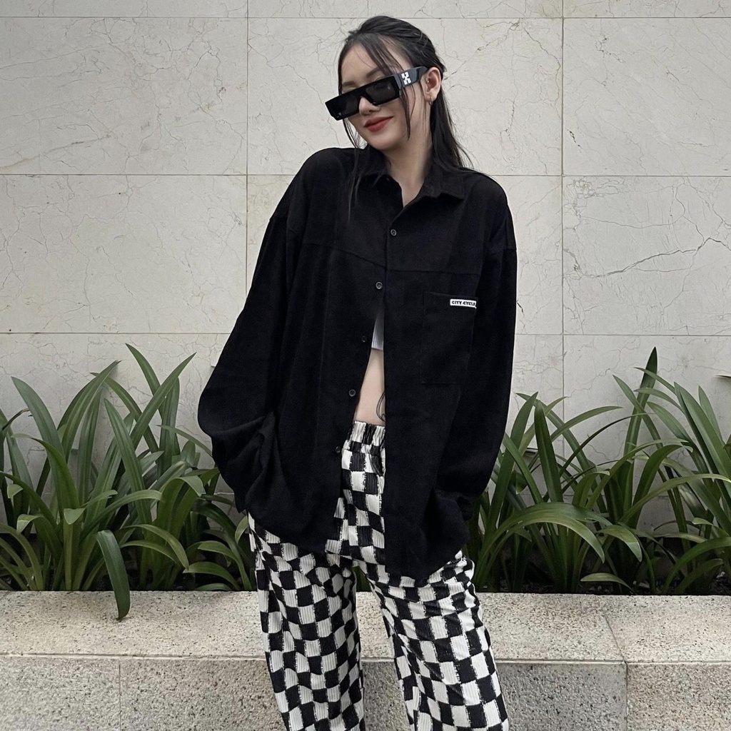 Áo sơ mi nhung unisex pocket Jiang Store - Áo khoác nhung tăm form rộng nam nữ