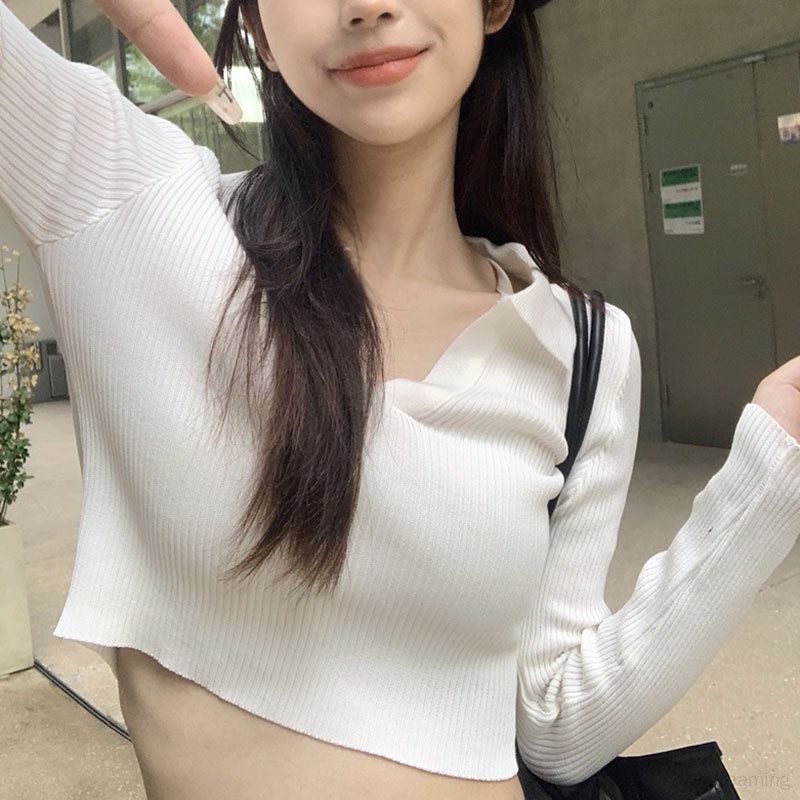 Áo Croptop Tay Dài Màu Trơn Cổ Bẻ Thời Trang Cho Nữ
