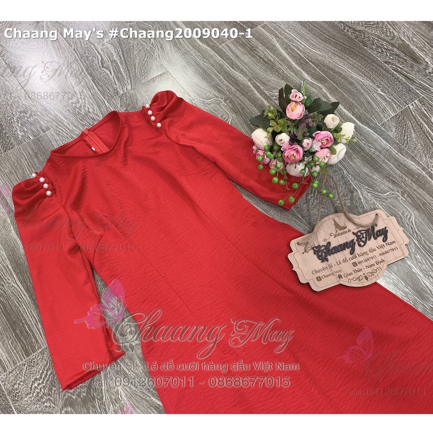 Áo Dài Cách Tân Nữ Tay Xếp Bồng Phồng Đính Ngọc May Sẵn Lụa Tây Thi 2 Tà Truyền Thống