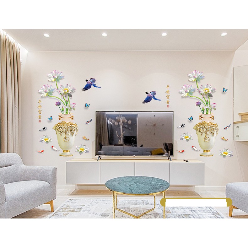 decal trandg trí   dán tường bình hoa sen cá chim